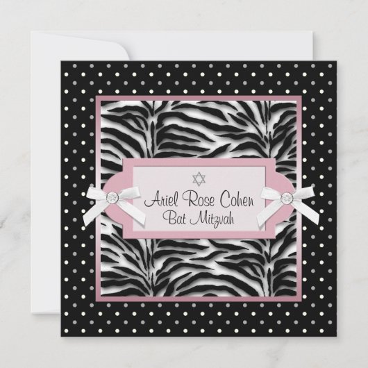 Polka Dots Pink Zebra Bat Mitzvah Einladungen (Vorderseite)