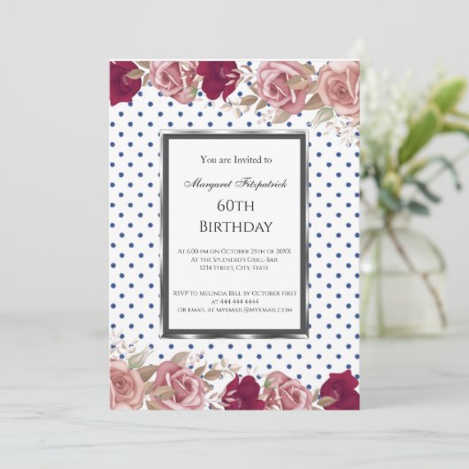 Polka Dots Red Pink Roses Birthday White Einladung (Stehend Vorderseite)