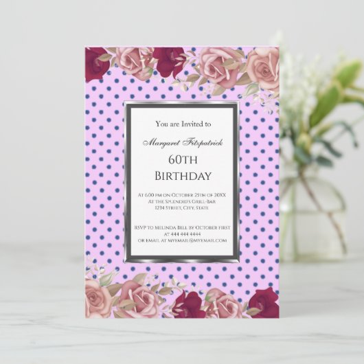 Polka Dots Red Pink Roses Geburtstag Einladung (Stehend Vorderseite)