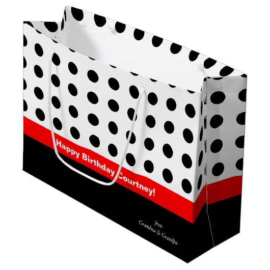 Polka Dots Rot und Schwarz Große Geschenktüte (Vorderseite Schrägansicht)