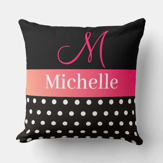Polka Dots Schwarz-weiß Pink Monogram Script Kissen (Vorderseite)