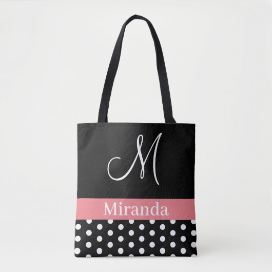 Polka Dots Schwarz-weiß Pink Monogram Script Tasche (Vorderseite)