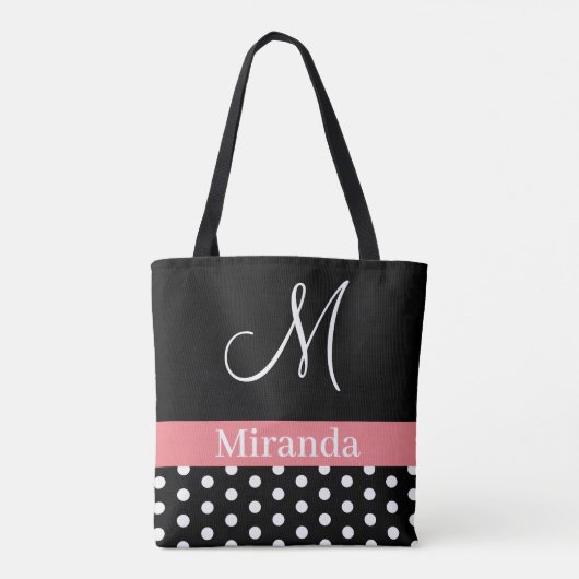 Polka Dots Schwarz-weiß Pink Monogram Script Tasche (Rückseite)