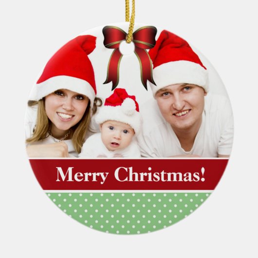 Polka Dots und Red Bow Custom Foto Weihnachten Keramik Ornament (Vorne)