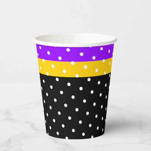 Polka Dotted Lila Gelb Racing Streifen auf schwarz Pappbecher (Links)