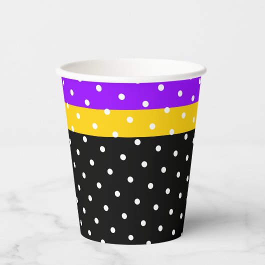 Polka Dotted Lila Gelb Racing Streifen auf schwarz Pappbecher (Vorderseite)