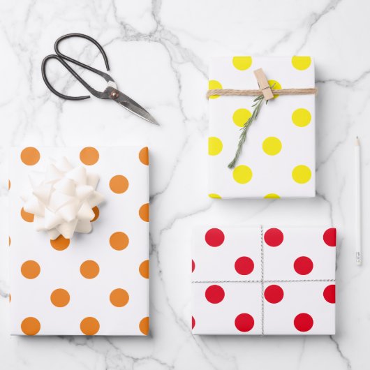 Polka-Punkte in Rot-Orange und Gelb Geschenkpapier Set (Vorderseite)
