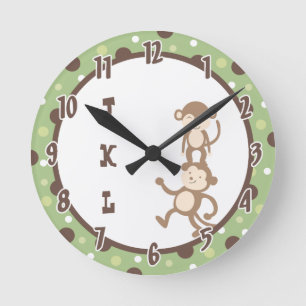 Polkadot Green Funky Monkey Dancing Jungle Clock Runde Wanduhr