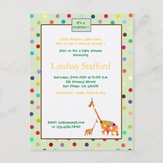 Polks Dots giraffes- Baby-Dusche-Einladungen (grün Einladungspostkarte (Vorderseite)