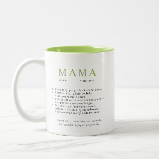 Polnisch Mum Gift - MAMA Definition Light Green Zweifarbige Tasse (Links)