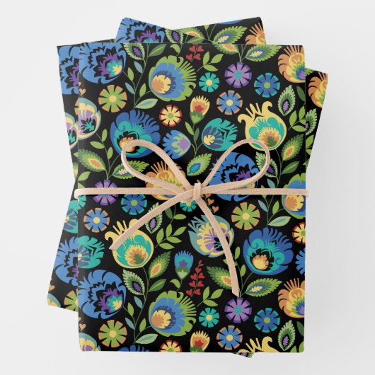 Polnisch Wycinanki Floral auf schwarz Geschenkpapier Set (Beispiel)
