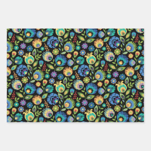 Polnisch Wycinanki Floral auf schwarz Geschenkpapier Set