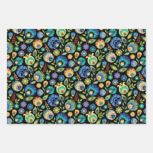 Polnisch Wycinanki Floral auf schwarz Geschenkpapier Set (Vorderseite)
