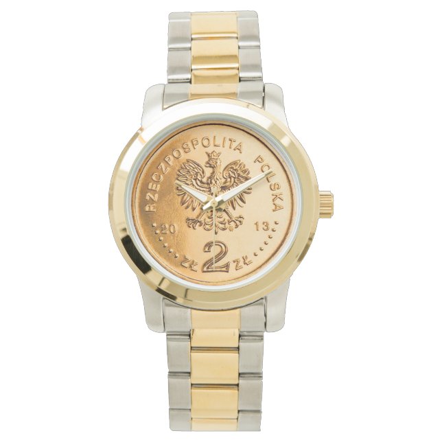 Polnische 2 Zlotych-Münze auf der Rückseite auf zw Armbanduhr (Vorderseite)