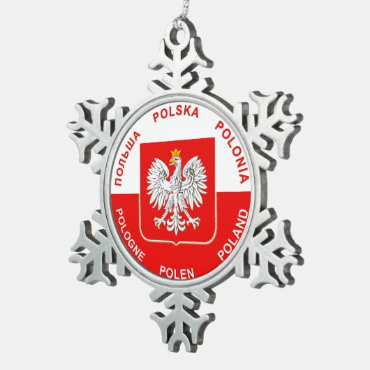 Polnische Flaggenfarben mit Schneeflocken Zinn-Ornament (Rechts)