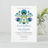 Polnische Folk-Blume Aquamarine Hochzeitseinladung Einladung (Stehend Vorderseite)