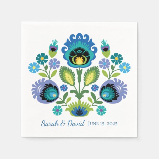 Polnische Folk Blume Blue Aquamarin Wedkin Napkin Serviette (Vorderseite)