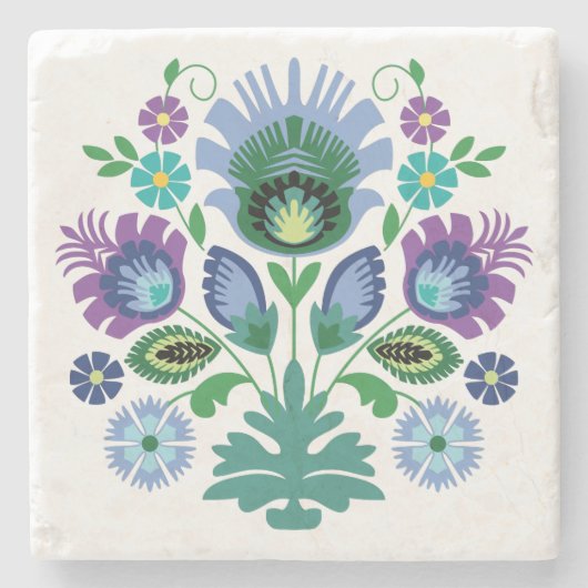 Polnische Folklore-Blume hellblau Steinuntersetzer (Vorderseite)