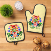 Polnische Volkskunst - Blumenstickermuster Ofenhandschuh & Topflappen-Set (Oben Unten)