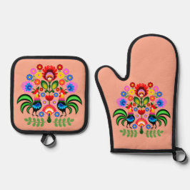 Polnische Volkskunst - Blumenstickermuster Ofenhandschuh & Topflappen-Set