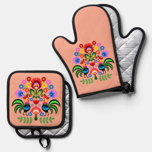 Polnische Volkskunst - Blumenstickermuster Ofenhandschuh & Topflappen-Set (Vorderseite/Rückseite)