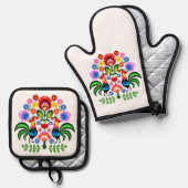 Polnische Volkskunst - Blumenstickermuster Ofenhandschuh & Topflappen-Set (Vorderseite/Rückseite)