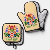 Polnische Volkskunst - Blumenstickermuster Ofenhandschuh & Topflappen-Set (Vorderseite/Rückseite)