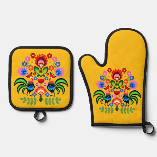 Polnische Volkskunst - Blumenstickermuster Ofenhandschuh & Topflappen-Set (Vorderseite)