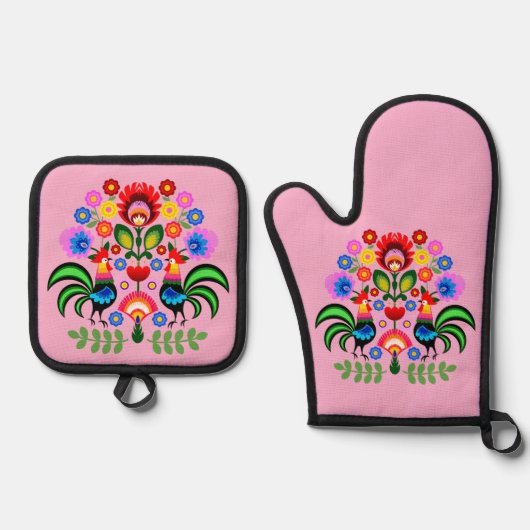 Polnische Volkskunst - Blumenstickermuster Ofenhandschuh & Topflappen-Set (Vorderseite)