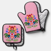 Polnische Volkskunst - Blumenstickermuster Ofenhandschuh & Topflappen-Set (Vorderseite/Rückseite)