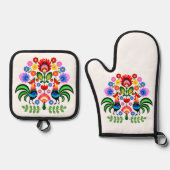 Polnische Volkskunst - Blumenstickermuster Ofenhandschuh & Topflappen-Set (Vorderseite)