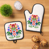Polnische Volkskunst - Blumenstickermuster Ofenhandschuh & Topflappen-Set (Oben Unten)