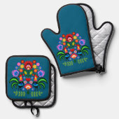 Polnische Volkskunst - Blumenstickermuster Ofenhandschuh & Topflappen-Set (Vorderseite/Rückseite)