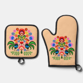 Polnische Volkskunst - Blumenstickermuster Ofenhandschuh & Topflappen-Set (Vorderseite)