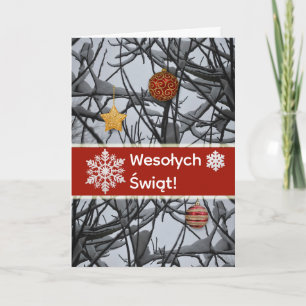 Polnische Weihnachtsschmuck auf verschneiten Zweig Feiertagskarte