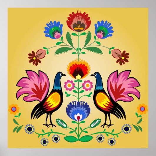 Polnischer Folk mit dekorativen Blüten und Hähnche Poster (Vorne)