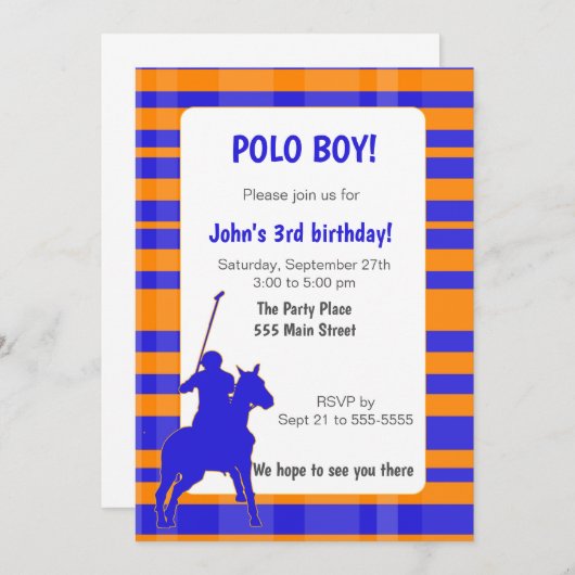 Polo Boy Birthday Invitation Royal Blue Orange Einladung (Vorne/Hinten)