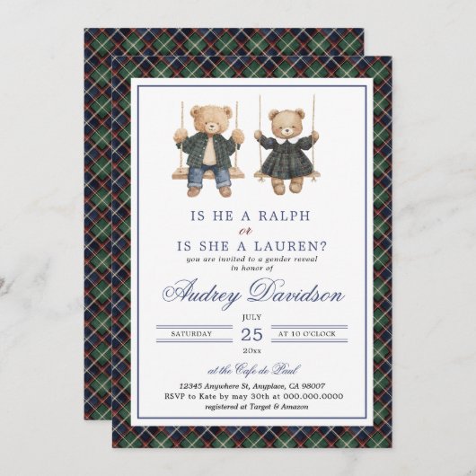 Polo Gender Reveal Tartan Plaid Einladung (Vorne/Hinten)