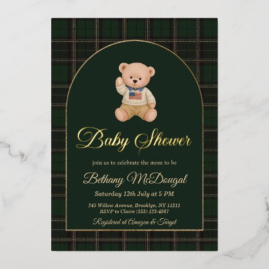 Polo Teddy Bear Tartan Preppy Baby Shower Folieneinladung (Vorderseite)