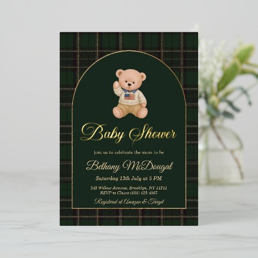 Polo Teddy Bear Tartan Preppy Baby Shower Folieneinladung (Stehend vorne)