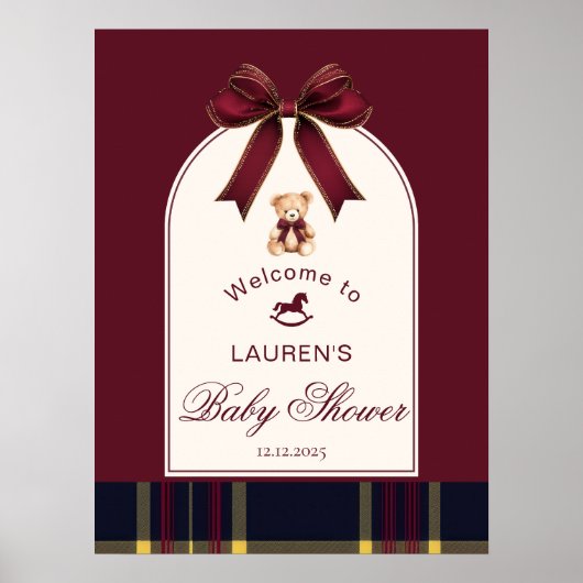 Polo Teddy Bear Wine Red Bow Preppy Willkommen Poster (Vorne)