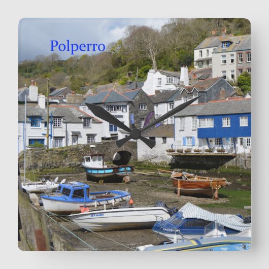 Polperro Cornwall England Low Tide Quadratische Wanduhr (Vorderseite)
