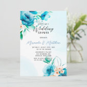 Polterabend aquamarin und Peach Watercolor Florals Einladung (Stehend Vorderseite)