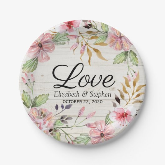 Polterabend Aquarell Rosa Blume Rustikales Holz Pappteller (Vorderseite)