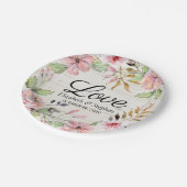 Polterabend Aquarell Rosa Blume Rustikales Holz Pappteller (Schrägansicht)