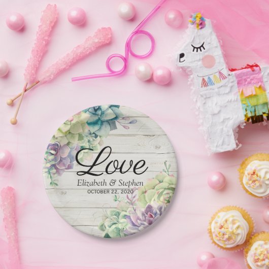 Polterabend Aquarellsukkulturen Rustikales Holz Pappteller (Party)