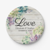 Polterabend Aquarellsukkulturen Rustikales Holz Pappteller (Vorderseite)