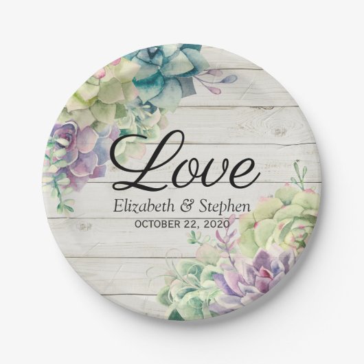 Polterabend Aquarellsukkulturen Rustikales Holz Pappteller (Vorderseite)