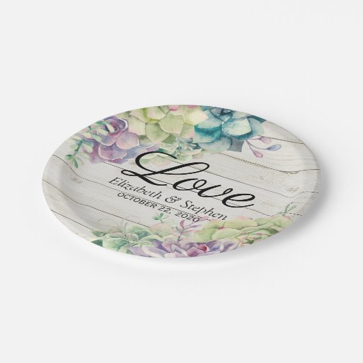 Polterabend Aquarellsukkulturen Rustikales Holz Pappteller (Schrägansicht)