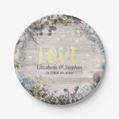 Polterabend Blumenstrauß und rustikales Holz Pappteller (Vorderseite)